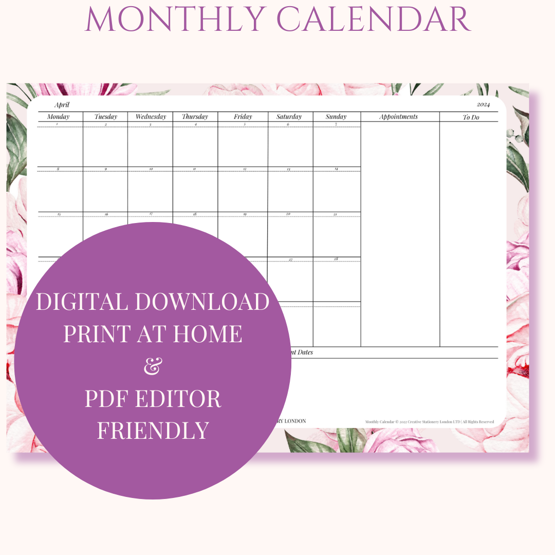 Monthly Calendar Planner | Digital Download Desk Pad | Pink Peony